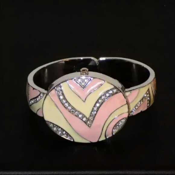 Vintage Rare Narmi Enamel Rhinestone Bracelet Watch with Case Cover MOP, Runs - Picture 9 of 9